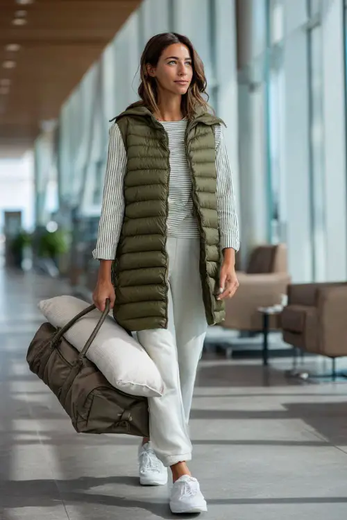 Full body portrait of a fashionable woman wearing a lightweight long puffer vest in olive green over a striped long-sleeve shirt, paired with straight-leg jersey pants and white sneakers