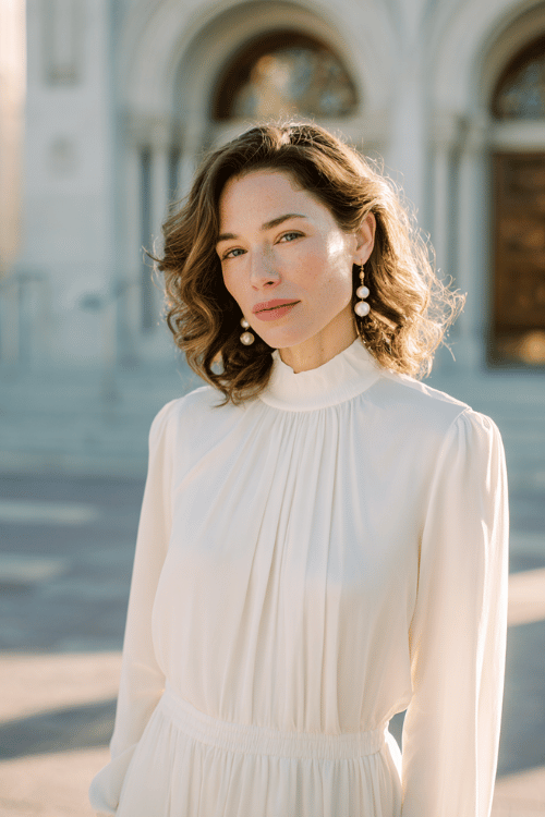 A beautiful Christian woman wearing a modest long-sleeve midi dress in soft cream tones, high neckline, flowy silhouette, delicate pearl earrings, natural makeup, loose soft curls 