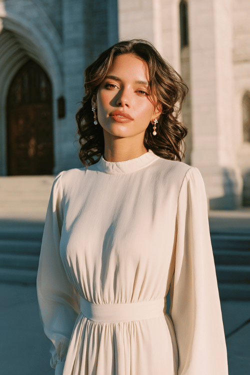 A beautiful Christian woman wearing a modest long-sleeve midi dress in soft cream tones, high neckline, flowy silhouette, delicate pearl earrings, natural makeup, loose soft curls