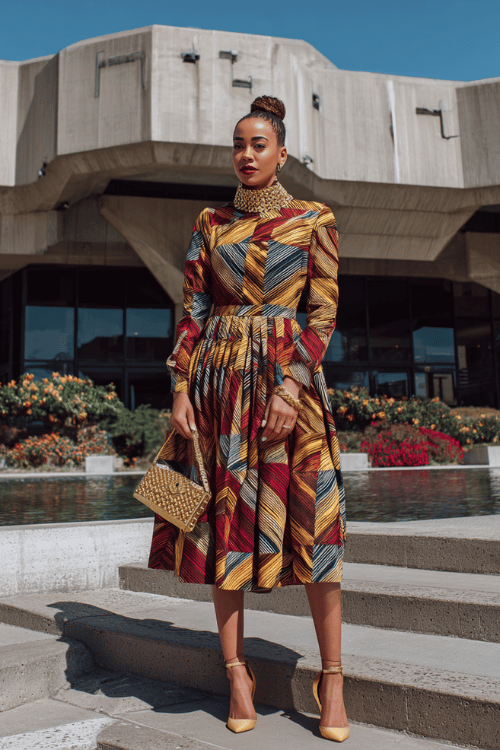 Bold geometric patterns in warm gold, rust, and charcoal tones turn this midi dress into a standout statement for gallery openings