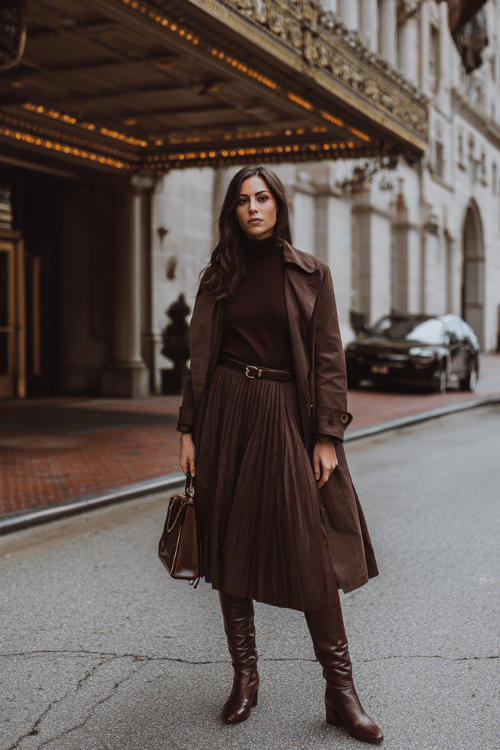 Christian modest outfit for fall, dark brown pleated skirt with fitted turtleneck sweater and long trench coat, tall leather boots, carrying a vintage handbag