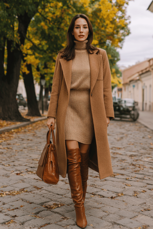 Christian woman wearing a modest old money inspired outfit, long camel wool coat over a high-neck knit dress, leather handbag, knee-high boots