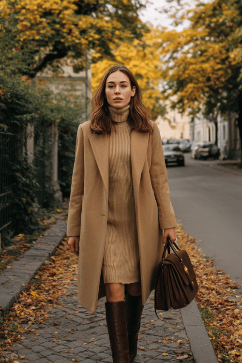 Christian woman wearing a modest old money inspired outfit, long camel wool coat over a high-neck knit dress, leather handbag, knee-high boots