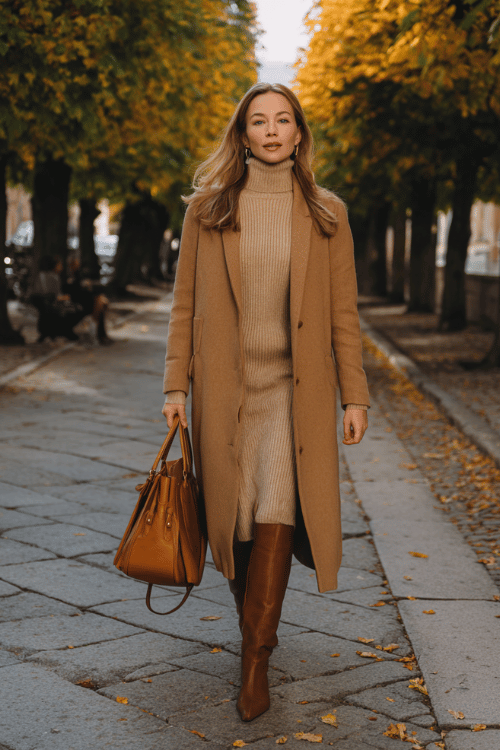 Christian woman wearing a modest old money inspired outfit, long camel wool coat over a high-neck knit dress, leather handbag, knee-high boots, walking through autumn streets with falling leaves