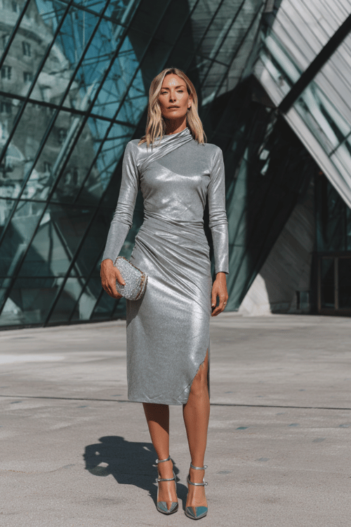 Classy modest evening outfit with a gray long sleeve draped midi dress, silver heels, and metallic clutch in a modern city setting 