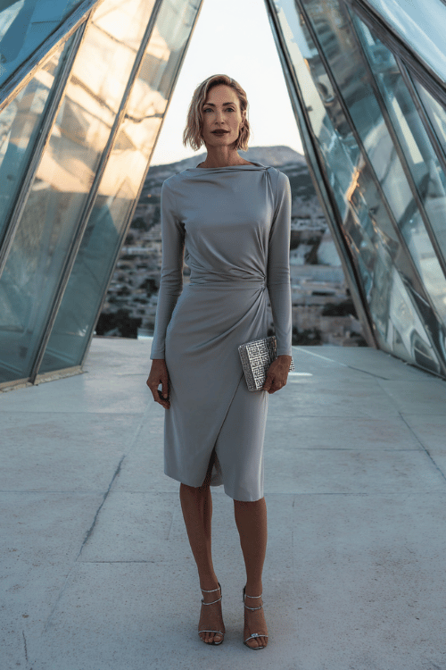 Classy modest evening outfit with a gray long sleeve draped midi dress, silver heels, and metallic clutch in a modern city setting