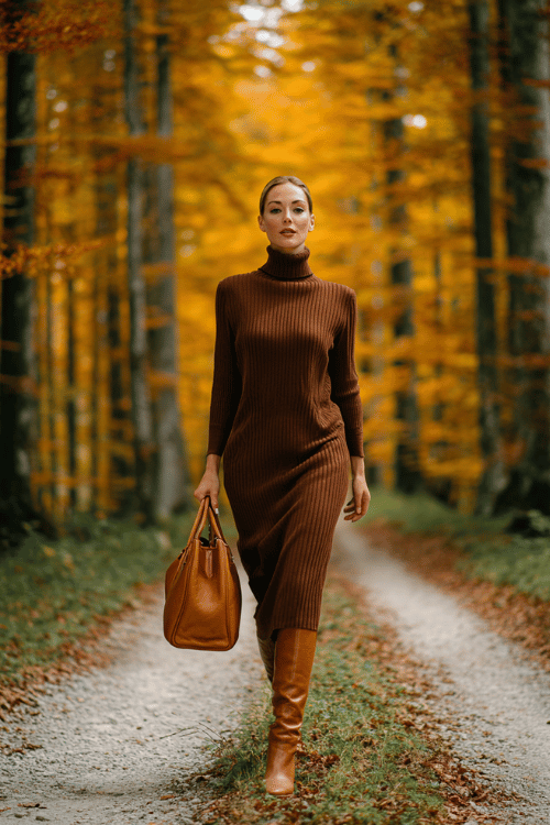 Classy modest fall outfit with a brown ribbed turtleneck midi dress, tall tan boots, and matching leather handbag on a forest path 