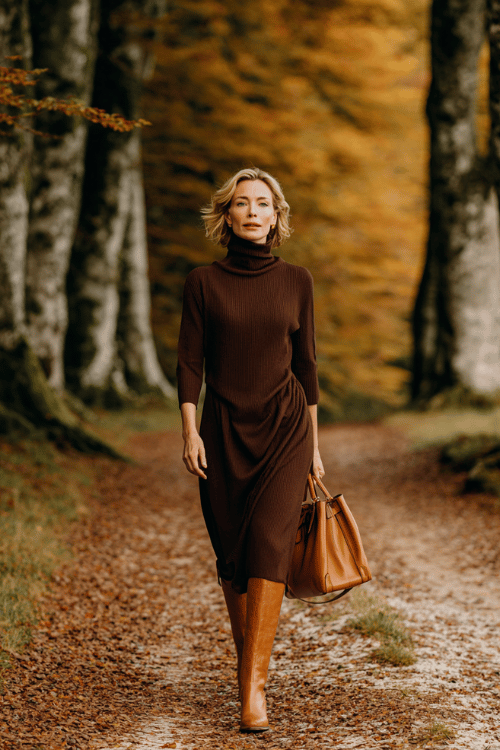 Classy modest fall outfit with a brown ribbed turtleneck midi dress, tall tan boots, and matching leather handbag on a forest path