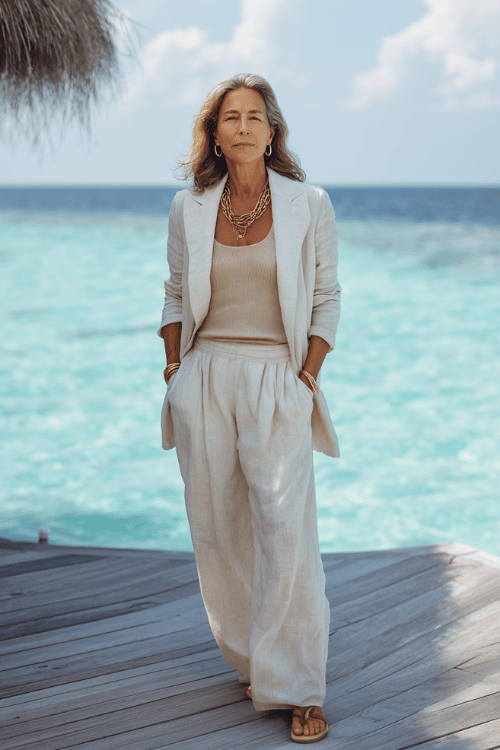 Classy modest resort outfit with a beige linen blazer, wide leg pants, white tank top, and layered gold necklace by the ocean 