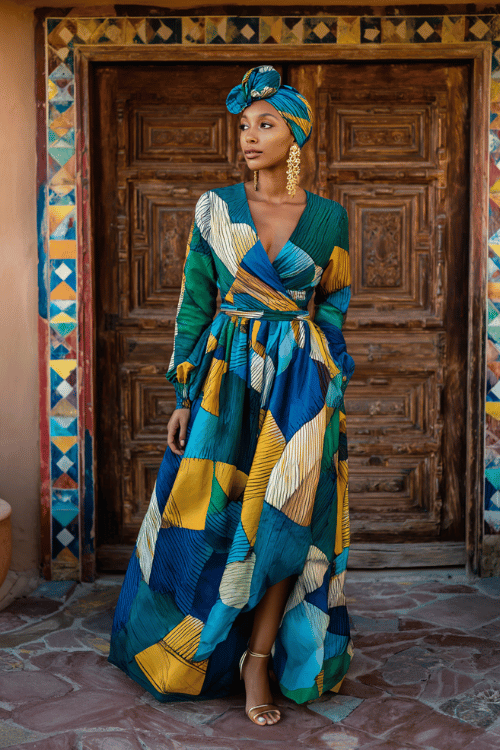 Colorful geometric-print maxi dress creates a bold and artistic statement that feels perfect for cultural celebrations
