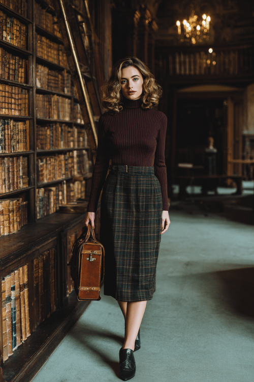 Dark academia outfit with a fitted burgundy ribbed turtleneck paired with a plaid midi skirt for a refined scholarly-inspired look 