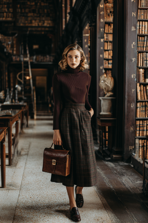 Dark academia outfit with a fitted burgundy ribbed turtleneck paired with a plaid midi skirt for a refined scholarly-inspired look 