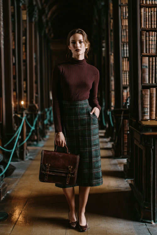 Dark academia outfit with a fitted burgundy ribbed turtleneck paired with a plaid midi skirt for a refined scholarly-inspired look