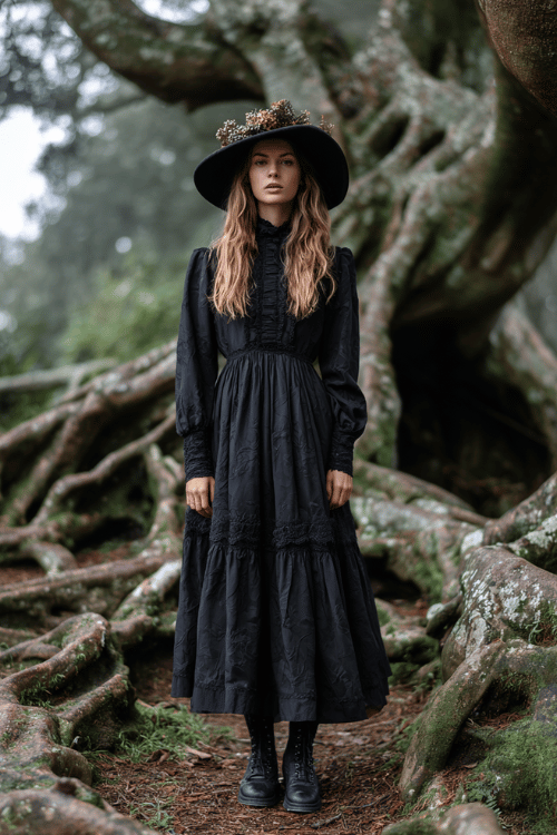 Dark cottagecore dress with vintage lace details and a wide-brim black hat creates a moody fairytale look perfect for forest photoshoots