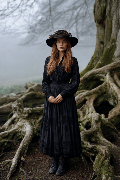 Dark cottagecore outfit with a flowing black maxi dress styled with lace details, a wide-brim hat, and lace-up combat boots for a mysterious woodland-inspired look
