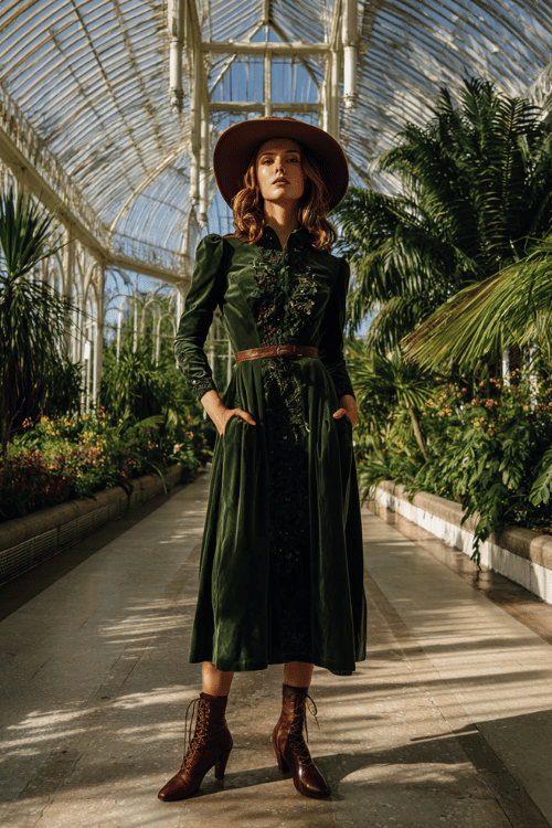 Dark green velvet-inspired dress with floral embroidery creates an elegant cottagecore look perfect for autumn garden parties