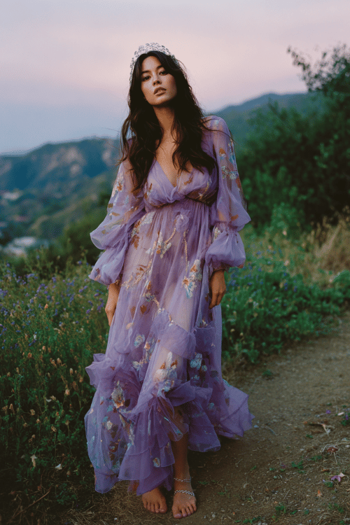 Dreamy fantasy outfit with a sheer lavender maxi dress covered in delicate butterfly details and flowing puff sleeves for an ethereal fairytale look 
