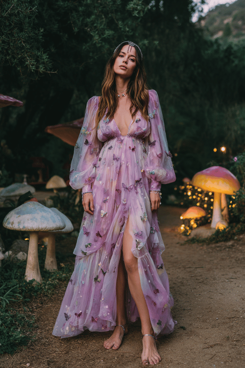Dreamy fantasy outfit with a sheer lavender maxi dress covered in delicate butterfly details and flowing puff sleeves for an ethereal fairytale look