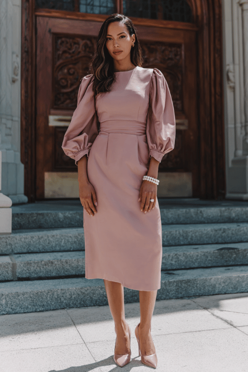 Elegant Sunday church outfit for Christian women, dusty rose modest midi dress with bishop sleeves and fitted waist, nuetral pumps, pearl bracelet, polished feminine hairstyle 