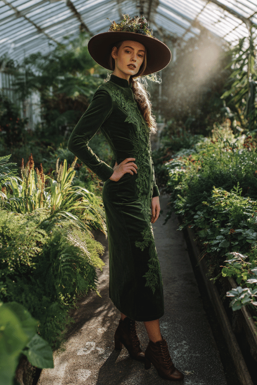 Elegant dark academia outfit with a fitted forest green velvet dress featuring intricate embroidery for a rich and dramatic vintage-inspired look