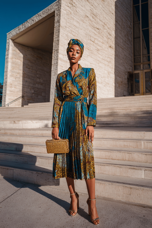 Elegant modest African-inspired outfit with a colorful pleated midi dress, matching headwrap, gold clutch, and strappy heels in front of a modern architectural building
