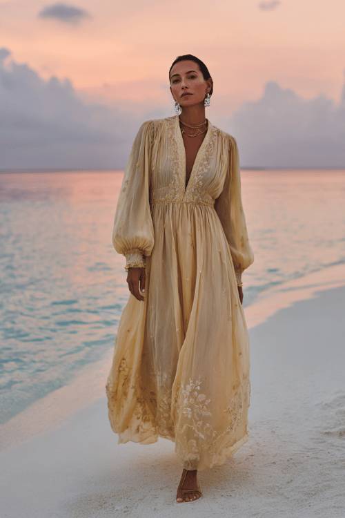 Elegant modest beach outfit with a flowing cream embroidered maxi dress, long puff sleeves, and gold jewelry at sunset by the ocean