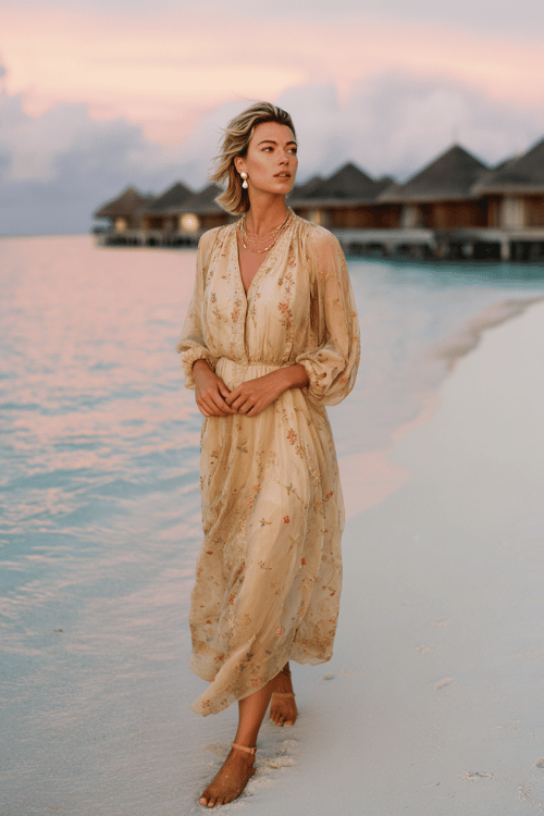Elegant modest beach outfit with a light floral embroidered maxi dress, sheer long sleeves, and layered gold jewelry walking along the shore at sunset