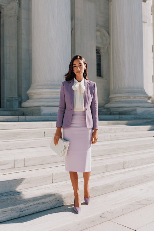 Elegant modest business outfit with a lavender blazer and pencil skirt, white bow blouse, matching heels, and white clutch in front of a grand historic building 
