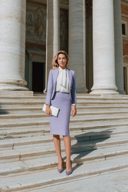 Elegant modest business outfit with a lavender blazer and pencil skirt, white bow blouse, matching heels, and white clutch in front of a grand historic building