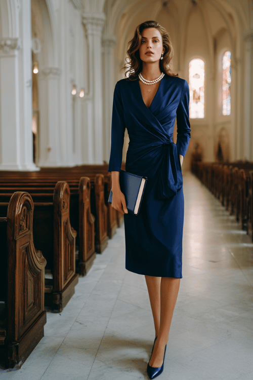 Elegant modest church outfit with a navy blue ruched midi dress, pearl necklace, and matching heels inside a grand cathedral 