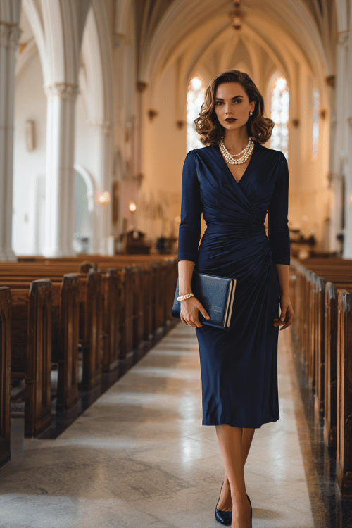 Elegant modest church outfit with a navy blue ruched midi dress, pearl necklace, and matching heels inside a grand cathedral