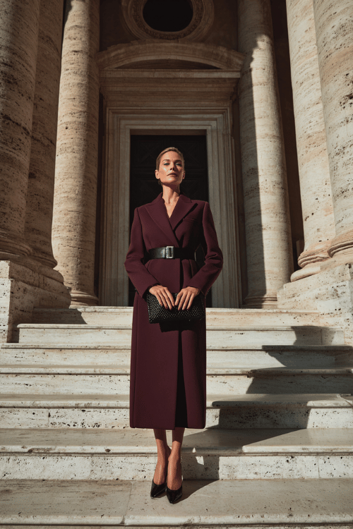 Elegant modest formal outfit with a burgundy belted coat dress, black pointed heels, and textured clutch on the steps of a historic stone building