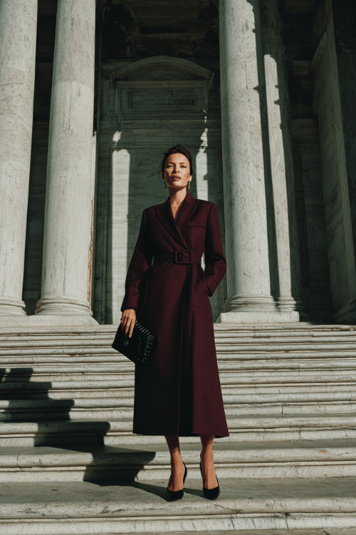 Elegant modest formal outfit with a burgundy belted long coat dress, black heels, and clutch bag in front of a grand historic building