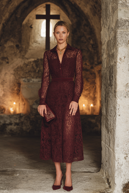 Elegant modest lace midi dress outfit with long sleeves, a high neckline, burgundy heels, and matching clutch inside a historic church 