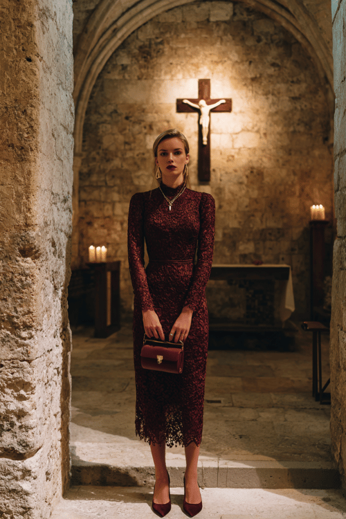 Elegant modest lace midi dress outfit with long sleeves, a high neckline, burgundy heels, and matching clutch inside a historic church 