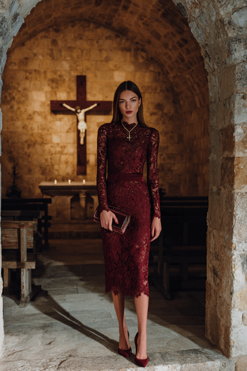 Elegant modest lace midi dress outfit with long sleeves, a high neckline, burgundy heels, and matching clutch inside a historic church