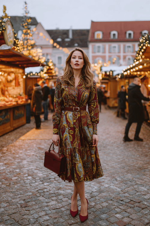 Elegant modest outfit with a colorful printed long sleeve midi dress, burgundy heels, and matching handbag at a festive Christmas market