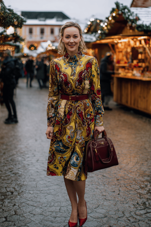 Elegant modest outfit with a colorful printed long sleeve midi dress, burgundy heels, and matching handbag at a festive Christmas market
