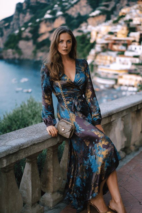 Elegant modest vacation outfit with a dark floral long sleeve wrap maxi dress, gold heels, and crossbody bag overlooking the Amalfi Coast