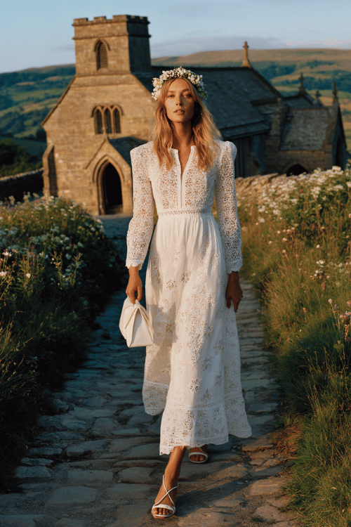 Elegant modest white lace maxi dress outfit with long sleeves, floral embroidery, delicate sandals, and a flower crown near a countryside stone church