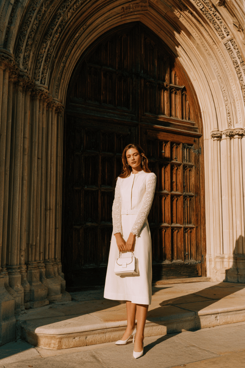 Elegant modest white midi dress outfit with lace long sleeves, pointed heels, and a matching handbag in front of a grand cathedral entrance