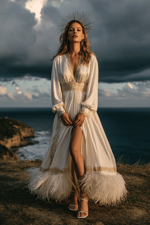 Elegant white boho dress with gold embroidery and feather trim creates a dreamy statement look for beach photoshoots, sunset parties, or fantasy-inspired events