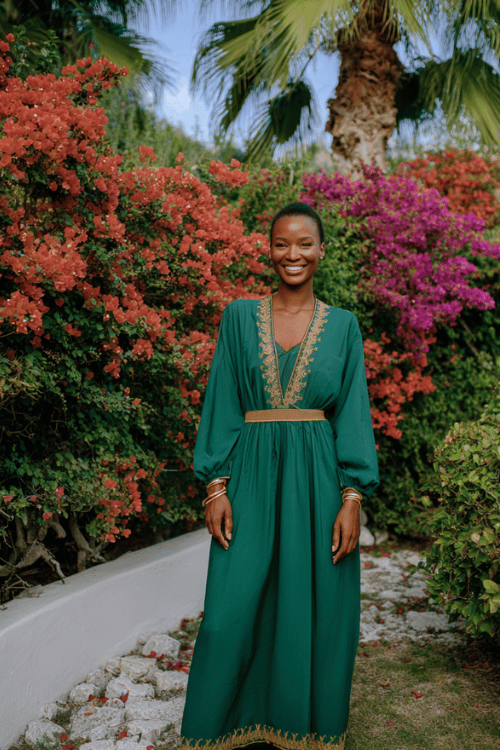 Emerald green kaftan-style maxi dress with intricate gold embroidery creates a luxurious vacation look that feels elegant, relaxed