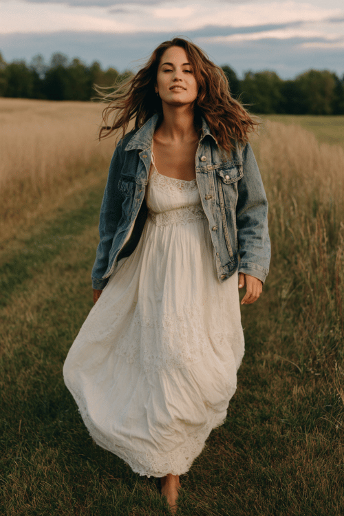 Faith-inspired modest women&rsquo;s fashion photoshoot, flowing white cotton maxi dress with lace details, light denim jacket, barefoot in a countryside field at sunset, soft wind movement 