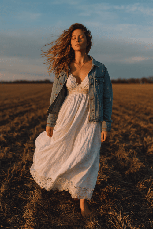 Faith-inspired modest women’s fashion photoshoot, flowing white cotton maxi dress with lace details, light denim jacket, barefoot in a countryside field at sunset, soft wind movement