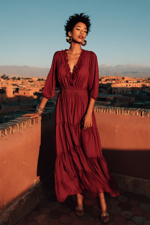 Flowy deep wine maxi dress with romantic ruffle detailing creates a rich and elegant sunset look that feels perfect for rooftop dinners