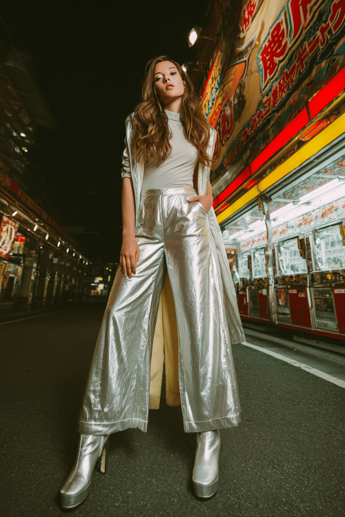 Futuristic street style outfit with metallic silver wide-leg pants and matching platform boots for a bold statement look