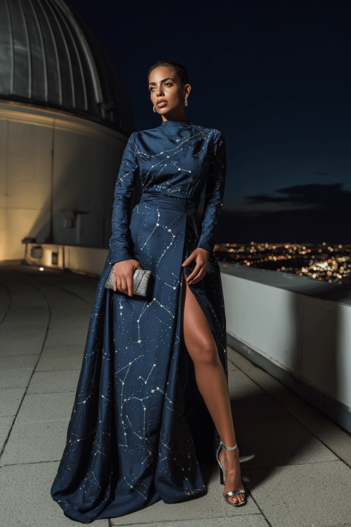 Midnight blue gown with celestial constellation-inspired detailing creates a dramatic and luxurious evening look that feels perfect for gala nights