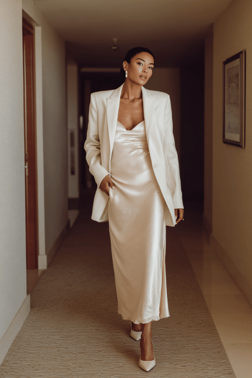 Modern Christian modest fashion aesthetic, tailored cream blazer layered over a satin maxi dress, pointed-toe heels, minimalist jewelry, chic conservative elegance