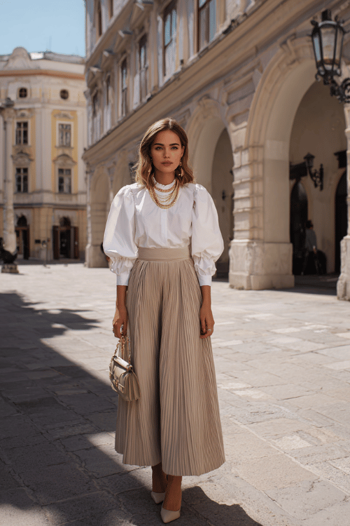 Modest Christian outfit inspiration for women featuring a beige pleated maxi skirt, white tucked blouse with puff sleeves, layered gold necklaces, nuetral heels, structured handbag